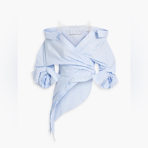 Alexander Wang Tops - SOLD! Alexander Wang Off Shoulder Asymmetric Striped Mesh Accent Poplin Top 2